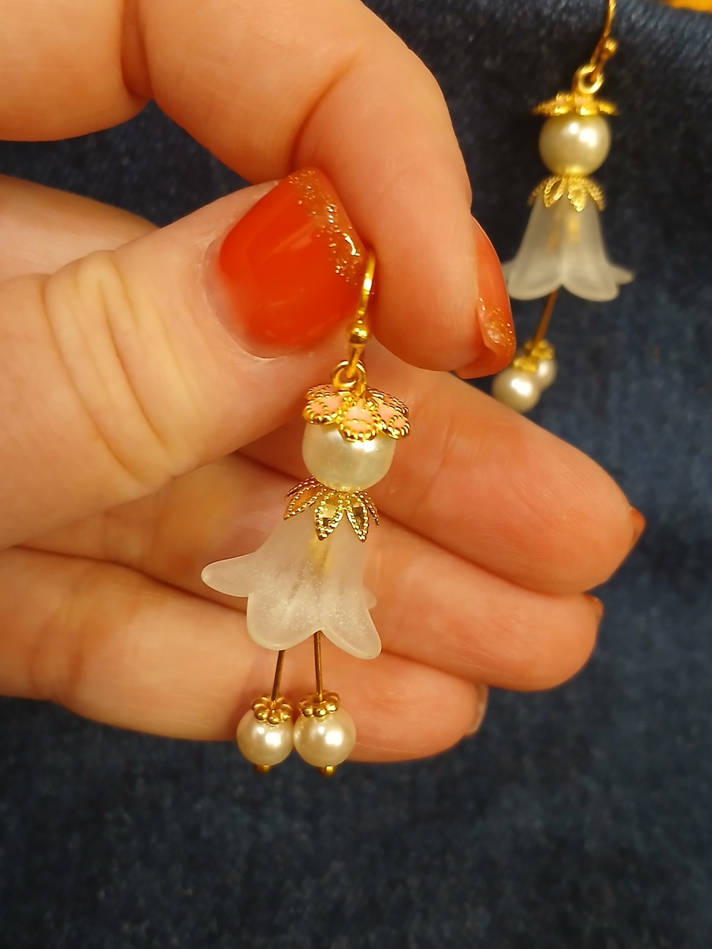 Gold Floral Drop Earrings with Cream & Pink Pearls - Picture 3 of 6